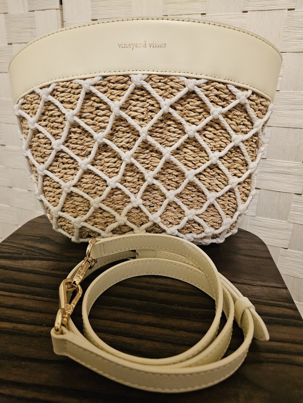 Vineyard Vines Rope Net/Straw Basket Crossbody Bag In Neutral Tones.